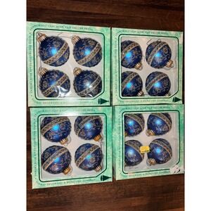 Christmas by Krebs Blue Gold Glass Ornaments Hand Decorated Set of 16 USA Made